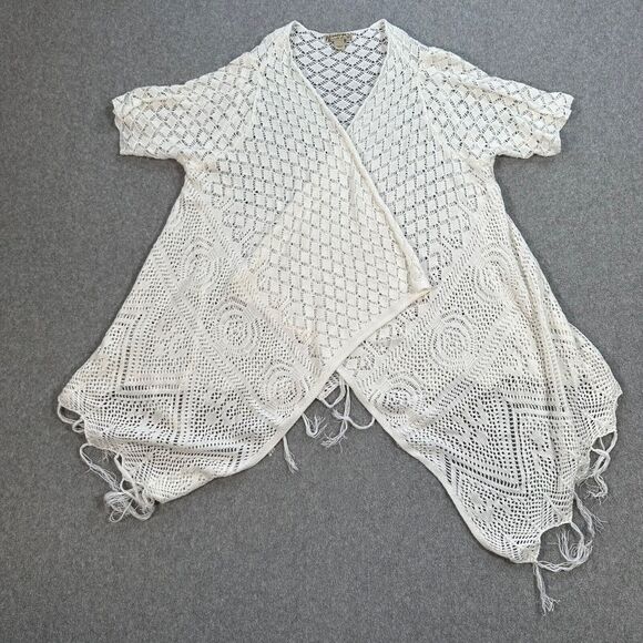 Energe One World Sweaters - Energe World Wear Crochet Cardigan Duster White Women's Medium Tassel Trim Boho